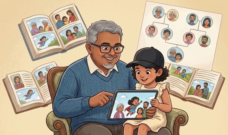 Illustration of founder Binu Chacko with his granddaughter, reading together.