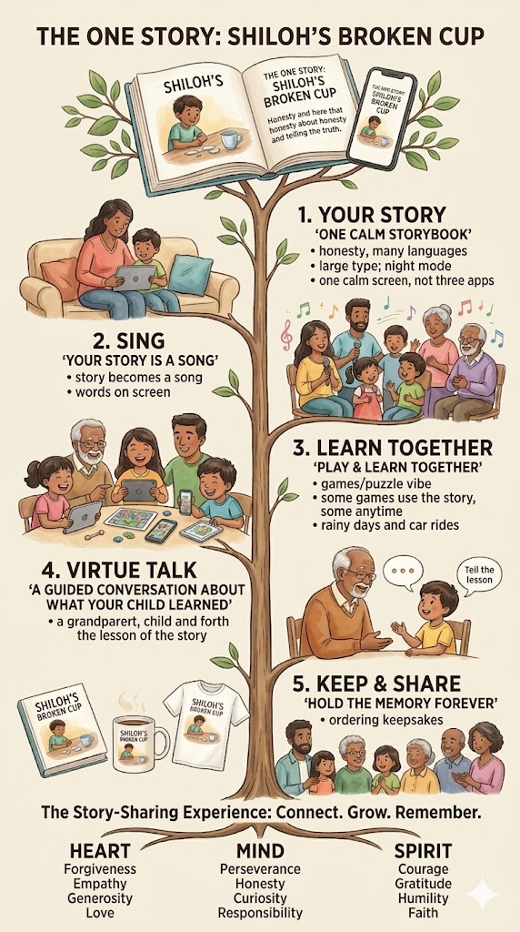 Story Hub infographic: one story (Shiloh's Broken Cup) branches into your storybook with languages and night mode, sing along, learning games, Virtue Talk, and keepsakes, with Heart, Mind, and Spirit values at the bottom.